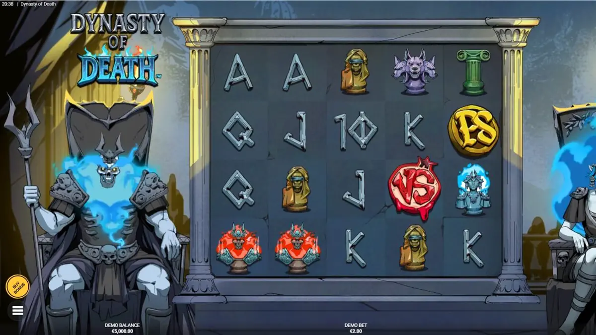 Tampilan visual slot Dynasty of Death dengan tema mitologi Yunani dan fitur DuelReels