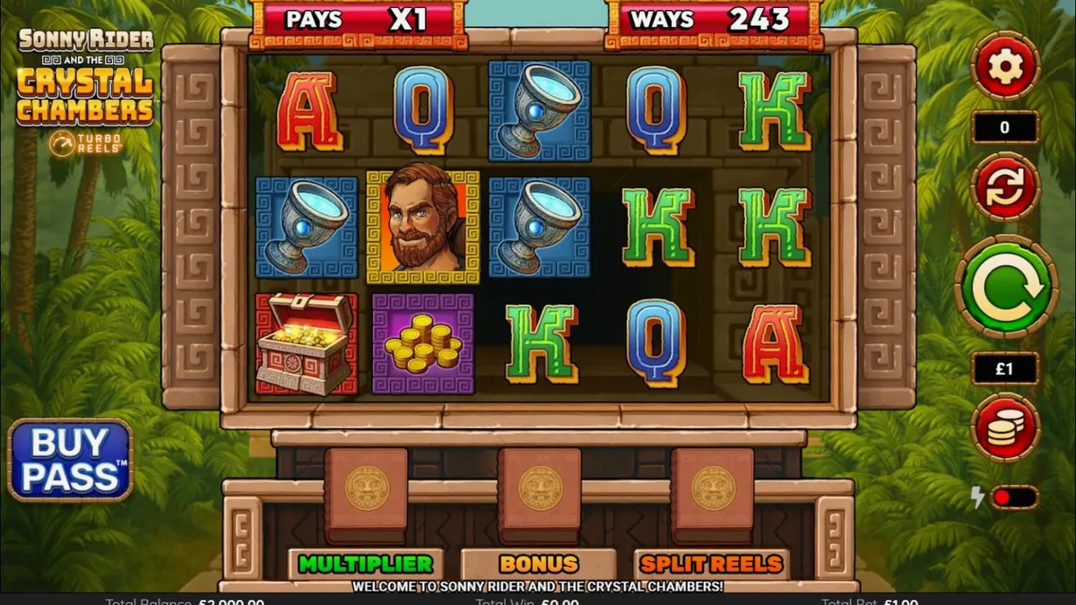 Pemandangan hutan Aztec dan karakter Sonny Rider dalam slot Sonny Rider & The Crystal Chambers