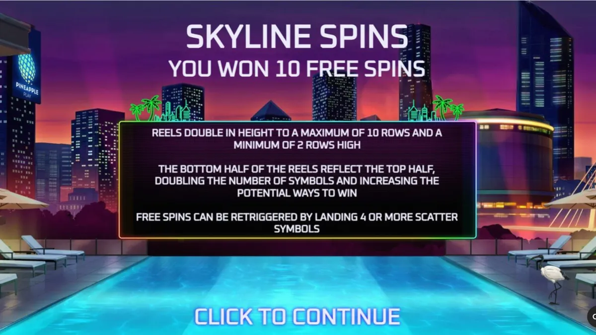 Pemandangan neon kota Miami di malam hari dengan simbol slot Midnight Mirage yang berkilau